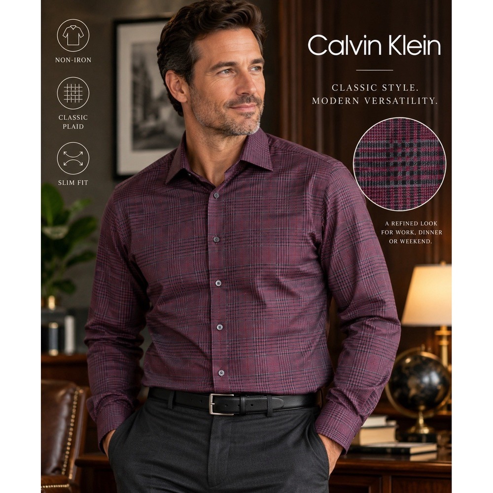 Calvin Klein Men's 17.5 34/35 Slim Fit Non-Iron Plaid Dress Shirt Burgundy